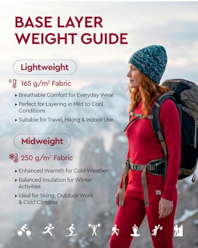 Image of MERINNOVATION Merino Wool Base Layer Set for Women 100% Merino Wool Thermal Underwear Sets Lite - Midweight Top Tank Bottom