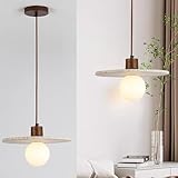 【Qualité des matériaux】Suspension en verre opalin style Mid-Century. Cette suspension est fabriquée artisanalement en travertin jaune, bois massif et verre, créant une ambiance élégante. Chaque abat-jour en travertin jaune présente des textures et des porosités uniques, rendant chaque lampe naturellement unique.