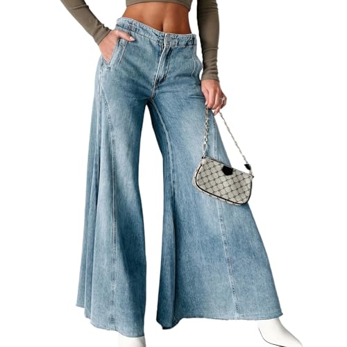Women's Plus Size Wide Leg Jeans Trendy Distressed Mid Rise Casual Loose Denim Bell Bottom Pants2
