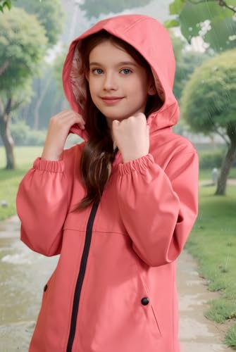 Image of SOLOCOTE Kids Rain Jacket Hooded Lined Rubber RainCoats for Girls Boys Waterproof Windproof Size 5-14Y
