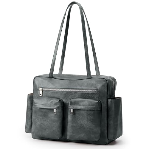Image of KALIDI Tote Bag Vegan Leather Women Pocket Utility Bag Faux Leather Shoulder Travel Purse Vintage Handbag for Work