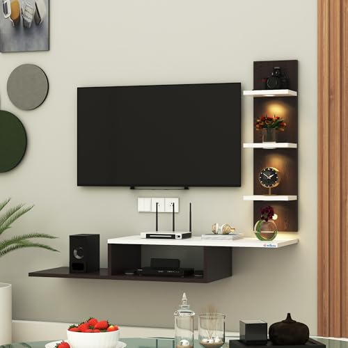 Image of Anikaa Engineered Wood LED Light TV Unit Wall Mounted TV Unit Cabinet with Shelves Display Unit for Living Room, Set Top Box Stand - Wenge /White (D.I.Y - Do-It-Yourself) Ideal for Up to 43 inch Inches