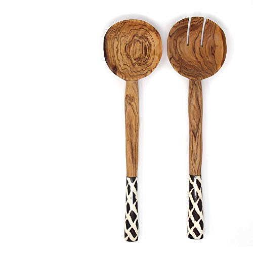 Global Crafts Hand Carved 11-Inch Olive Wood Salad Serving Set, Diamond Pattern