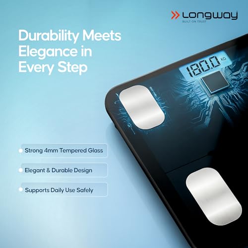 Image of Longway Weight Machine for Home | Digital Bathroom Scale for Human Body Weight Measurement | Extra Thick Tempered Glass with LCD Display | 3 Years Warranty (Black | Max Weight 180Kgs | Core)