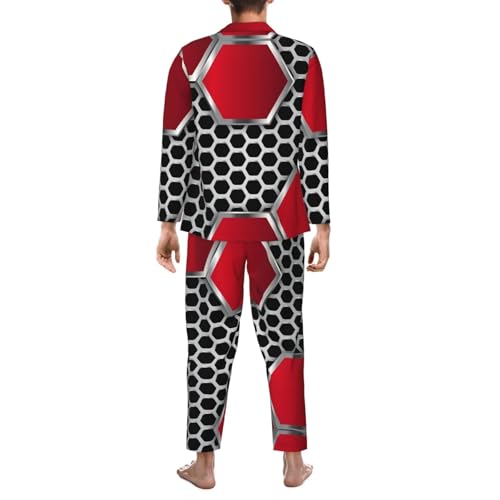 Geometric Hexagons With Red Metal Mens Pajamas Set Button Down Sleepwear Set Long Sleeve Loungewear With Pockets2