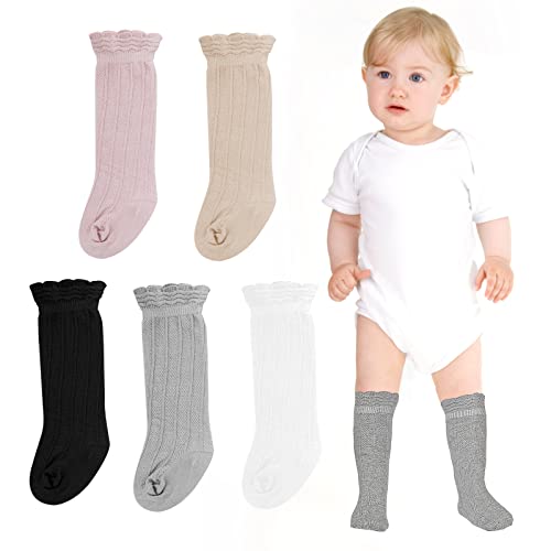 Yolev 5 Pares Calcetines para Bebés Pequeños Calcetines Hasta la Rodilla Calcetines Largos de Algodón Medias de Punto para Recién Nacidos para Bebés de 0 a 6 Meses