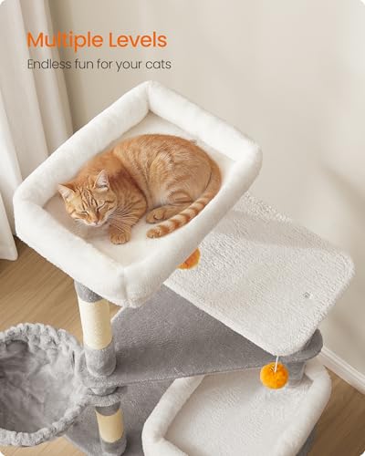 Feandrea Tall Cat Tree, Multiple-Level Cat Tower with 2 Caves, Basket, 3 Scratching Posts, 3 Perches, Dove Grey PCT007G01 - Image 4
