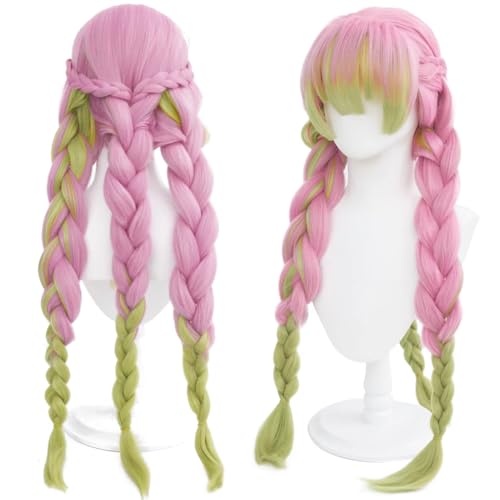 maysuwell Cosplay Wig Pink Green Mixed Natural Synthetic 3 Braids Hair Bangs Halloween Christmas Daily Fashion Anime and Gaming Expo Fancy ball