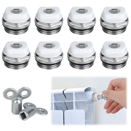 8 Vannes de purge de radiateur avec 2 clés de purge de 1/2 pouce, en laiton nickelé, vanne de radiateur manuelle, vanne de purge de radiateur avec tête en plastique pivotante