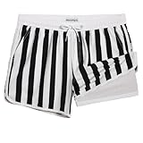 maamgic Mens Short 80s 90s Vintage 5.5' Swim Trunks Swimsuits Board Shorts Compression Liner Quick Dry 2 in 1 Bathing Suits Black White Stripe Large
