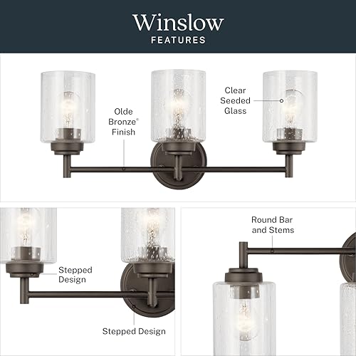 Image of Kichler Winslow 21.5 inch Vanity Light in Olde Bronze, 3-Light Transitional Bathroom Light with Clear Seeded Glass. (21.5 inch W x 9.25 inch H), 45886OZ
