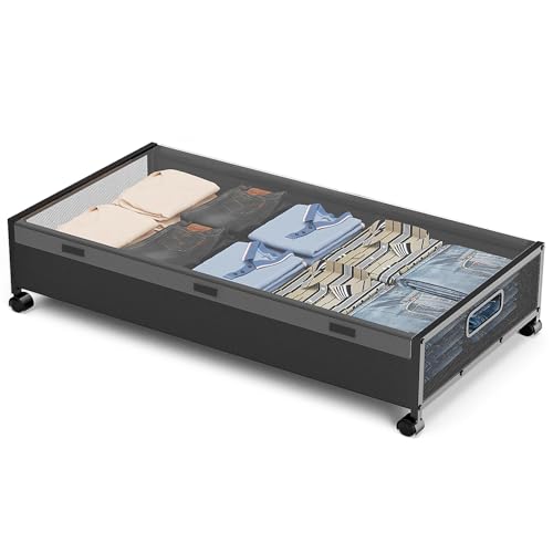 Under Bed Storage with Wheels, Under Bed Shoe Storage, Under the Bed Storage Drawers with Remove Window, Extra Large Rolling Under Bed Storage Metal Drawer for Clothes (Black-1 pack)