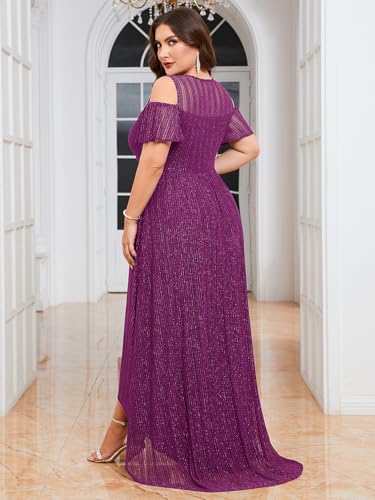 ZOMVA Plus Size Sparkly Mesh Maxi Dress Cold Shoulder Ruffle Sleeve High Low A Line Dresses Wedding Guest Cocktail Party3