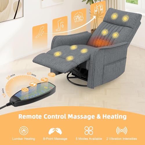 Srfzluxy Fernsehsessel Massagesessel mit Liegefunktion, Relaxsessel mit Wärme und Massage, 360°Drehbarer TV Sessel Wohnzimmer, Schaukelstuhl mit Gepolsterte Kopfstütze, 2 Seitentaschen – Bild 3