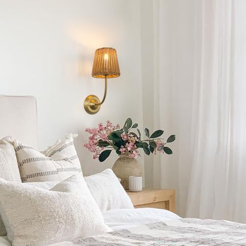 Image of 1-Light Boho Wall Sconce Fixture with Imitation Rattan Woven Shade, Rustic Hardwired Rattan Sconce Wall Lighting for Bedside Hallway Living Room Bedroom