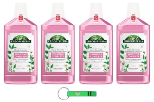 4 x Antica Erboristeria, Collutorio Sensitive Complete, collutorio quotidiano per denti e gengive sensibili, menta e camomilla, 500 ml + portachiavi Beni Culinari