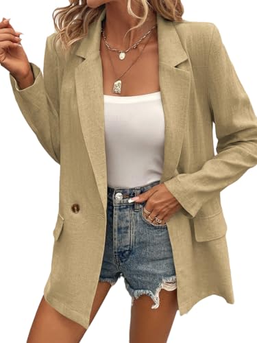 Mina Self Summer Womens Linen Blazers Jackets Lightweight 2024 Spring Long Sleeves Business Casual Dressy Office Light Clothes Blazers Suit Jacket for Women, Daily/Work, Khaki Small Size3