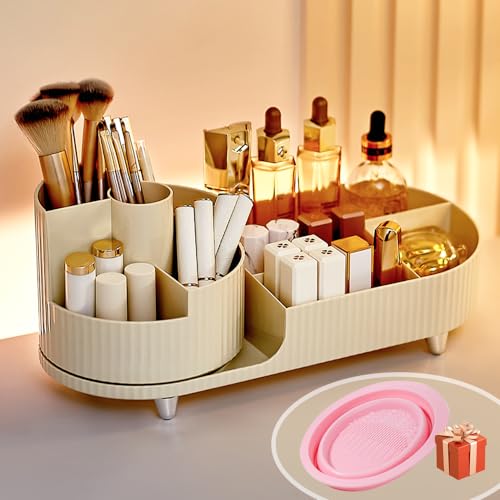 Make up Organizer 360° Drehbar, Großer Bad Kosmetik Organizer mit Aufbewahrungsbox für Schminktisch – Inkl. Makeup Pinsel Reiniger (Beige)