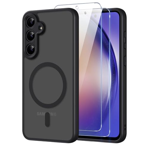 Pnakqil Magnetisch für Samsung Galaxy A54 5G Hülle für Magsafe Matt Transluzente Handyhülle für Samsung A54 mit 2 Panzer Schutz Glas PC Härte Rückseite Kratzfest Dünn Matte Magnetische Case Schwarz