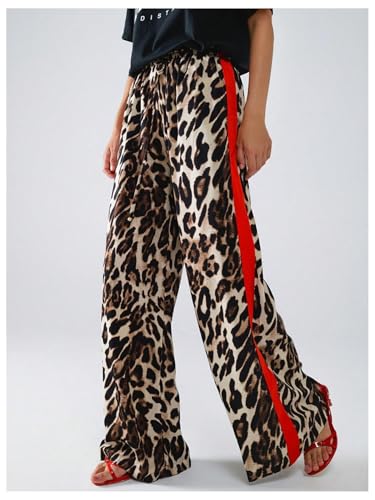 COZYEASE Women's Leopard Print Wide Leg Pants Cheetah Drawstring Waist Color Block Long Trousers4