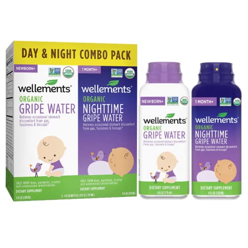 Image of Wellements Organic Baby Gripe Water, Day & Night Combo Pack | Relieves Occasional Stomach Discomfort from Baby Gas, Colic, Hiccups and Fussiness | USDA Certified Organic (Pack of 2, 4 Fl Oz Bottles)