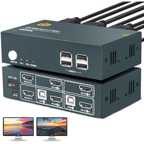 HDMI KVM Switch 2 Monitors 2 Computers,2 Port Dual Monitor Kvm Switcher for 2 Computers to Share 4 USB 2.0 Hub,UHD 4K@60Hz Resolution Downward Compatible,EDID Emulators Cover