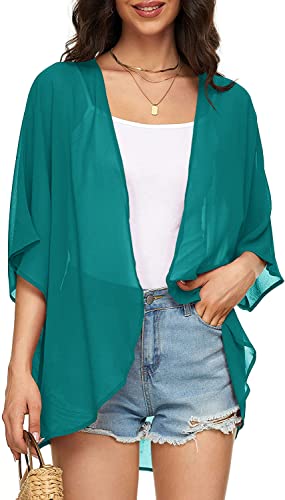 Image of Indian Trendy Women's Solid Puff Sleeve Kimono Cardigan Loose Cover Up Casual Blouse Top Chiffon