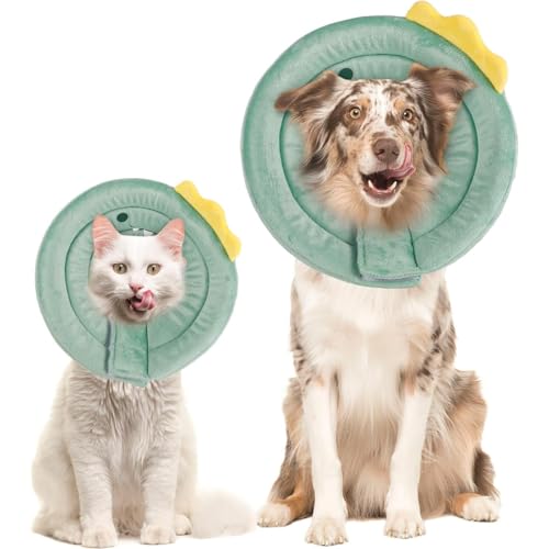 エリザベスカラー 犬 猫 ソフト 布 軽量 着脱簡単 4サイズ ペット用 洗濯可能 傷舐め防止 ストレス軽減 フレブル イタグレ チワワ トイプー 小型犬 中型犬 (緑の恐竜,L)