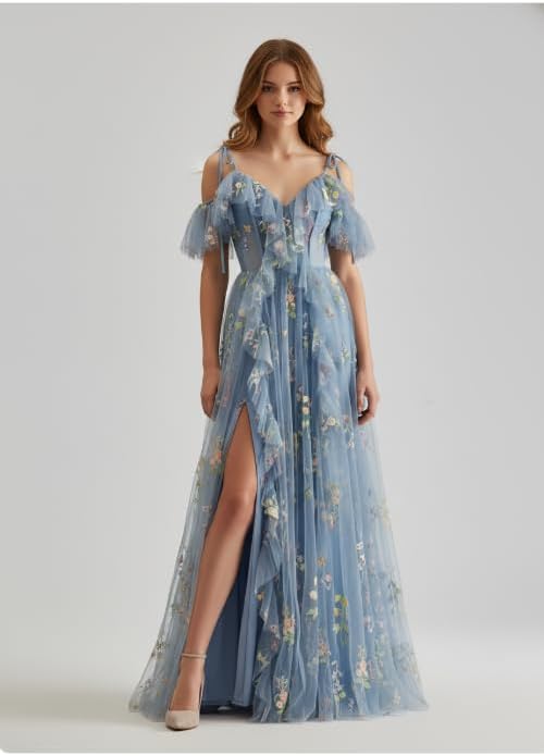 Maxianever Flower Embroidery Junior Bridesmaid Dresses with Slit Long Tulle Spaghetti Straps Fairy Formal Prom Gown - Image 7