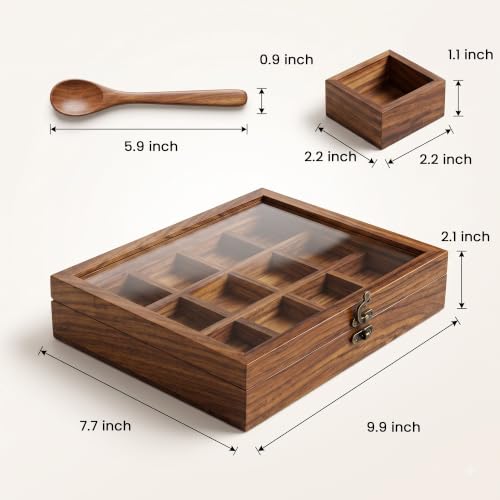 Image of Wooden Spice Box for Kitchen | Sheesham Wood Masala Dabba with 12 Containers | Spice Organizer with Glass Lid, Safety Lock & Wooden Spoon | Masala Dani /Namak Dani Storage Box for Home & Kitchen
