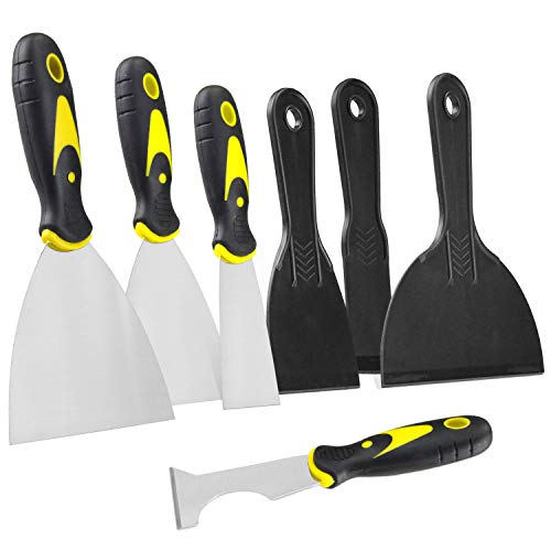 7PCS Putty Knife Scraper Set, Stainless Steel & Plastic Spackle Knife, 5 in 1 Painter Tools, Flexible Taping Knife for Glass, Drywall, Decals, Wallpaper Scraper, 1.5\'\', 2\'\', 2.5\'\', 3\'\', 4\'\', 5\'\', 6\'\'