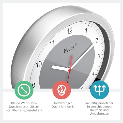 Mebus Quartz Wall Clock/Small Clock for Small Spaces/Silver Frame/White Dial/Grey Accent Circle/20cm Diameter/Round/Model: 16210/Color: Silver - Image 2