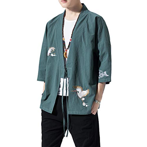 Image of PRIJOUHE Men's Kimono Jackets Cardigan Lightweight Casual Cotton Blends Linen Seven Sleeves Open Front Coat Outwear