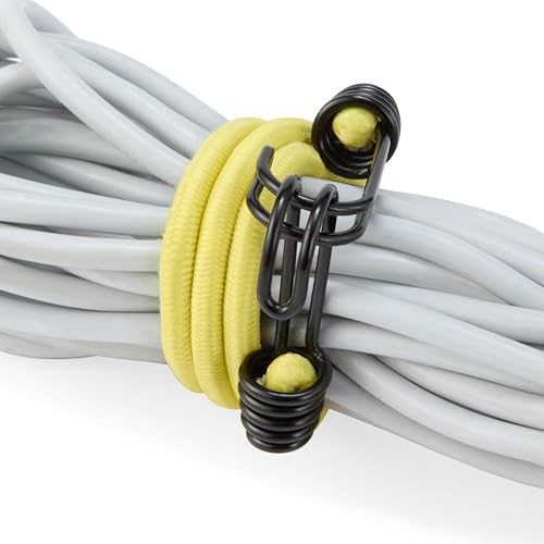 Image of Amazon Basics Flat Bungee Cord with Heavy-Duty Iron Hooks | Super Elastic Rubber Strap with Scratch-Resistant Coating & Color-Coded Size System (Red, Blue and Yellow)