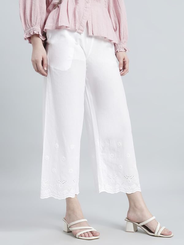 Image of GO COLORS Women Cotton Hakoba Wide Pant Ankle Length, Floral Embroidery, Relaxed Fit, Mid-Rise with Side Pocket