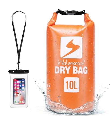 Image of Soulsfeng Waterproof Dry Bag Backpack, Roll Top Floating Dry Storage Bag with Phone Case, Lightweight Dry Sack for Kayaking, Boating, Beach, Travel, Camping 10L, Orange