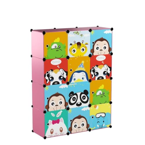 Image of Sunderlook Plastic Wardrobe for Kids Clothes - Collapsible Wardrobe, DIY Foldable Baby Almirah for Clothes, Heavy Duty Freestanding Storage Baby Cupboard for Kids (Pink-HY, 12 Door)