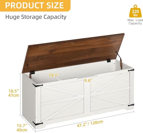 DWVO 47.2" Farmhouse Storage Bench, Wooden Chest with Safety Hinges, Entryway Shoe Organizer, Multi-Use Storage for Living Room/Bedroom