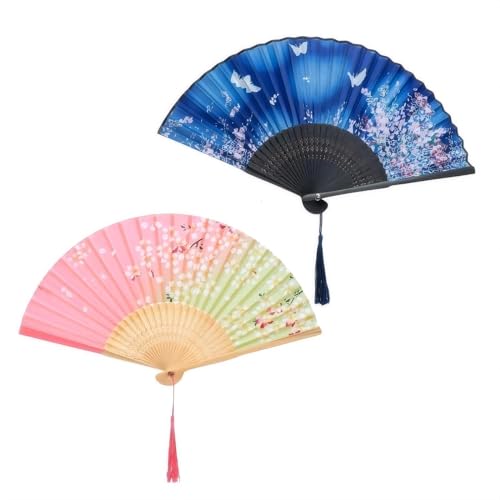 MovFlax 2 Pack Chinese Folding Fans for Women Handheld Fan, Hand Held Chinese Style Silk Bamboo Fans for Dancing Cosplay Wedding Party Props Decoration, Lovely Butterfly and Flower