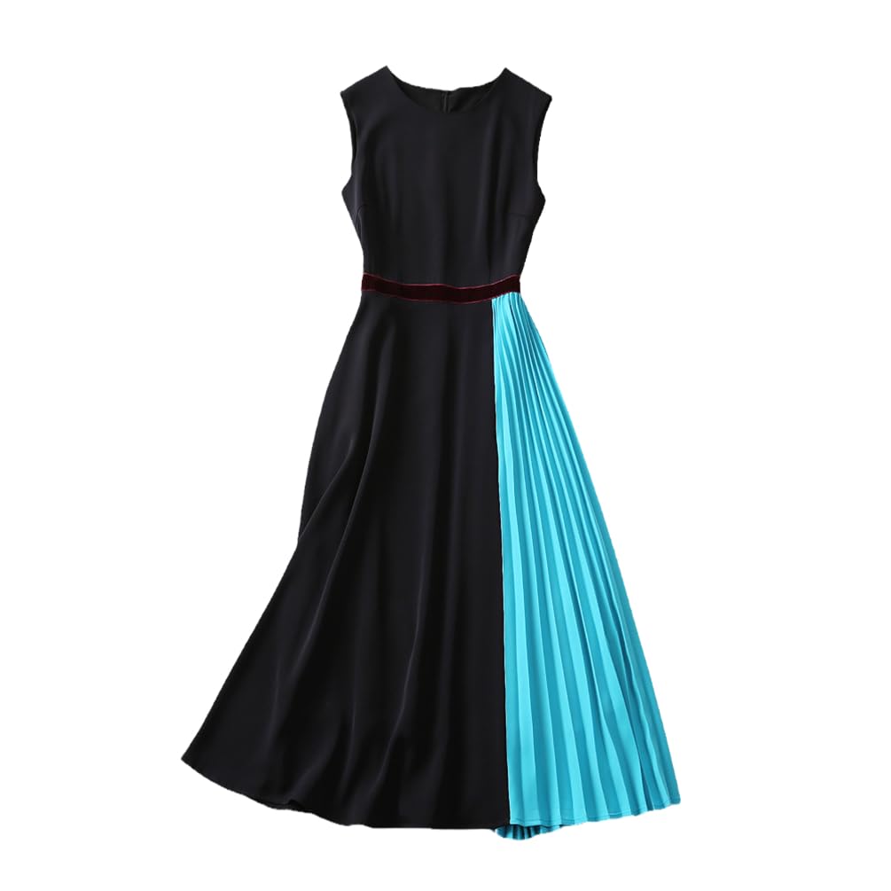 cotzfoz Color Block Pleated Patchwork Tank Dresses for Women Summer Sleeveless Black Dresses Party Elegant Robe