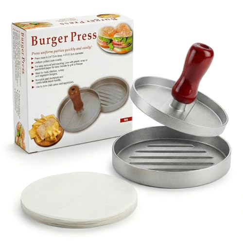 Barpre Burger Press 1/4lb-1/2lb Adjustable - Heavy Duty Zinc-Aluminium Hamburger Patty Maker Mould with 100 Wax Papers - Zero-Coating Meat Press with Heat-Safe Red Wooden Handle for BBQ Grilling