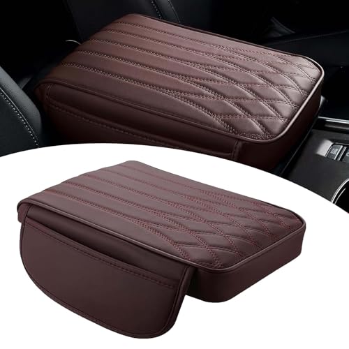 Ferianl Upgraded Car Center Console Cover, Heightening Car Armrest Cushion, Leather Armrest Cover Cushion with 2 Storage Bags, Universal Auto Armrest Storage Box for Most Vehicles (Brown)
