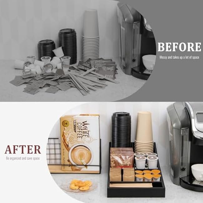 Coffee Station Organizer for Countertop, Condiment Storage Caddy, Coffee Bar Supplies Organizer for Home, Office and Breakroom - Wooden, Black, 7 Compartment