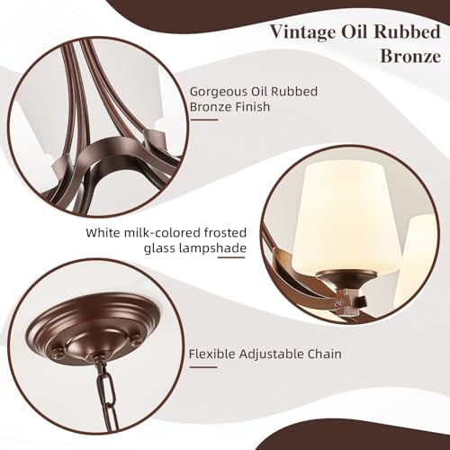 Image of 6-Light Oil Rubbed Bronze Farmhouse Chandelier Pendant Light Fixture with Frosted Glass, Matte Brown Rustic Ceiling Lighting Vintage Hanging Lamp for Dining Room Kitchen Island ,Height Adjustable