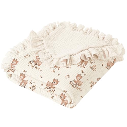 Image of Konssy Flounce Muslin Baby Blanket for Girls Boys, 100% Cotton Soft Crib Swaddle Blankets, Reversible & Breathable Nursery Bedding for Newborns Toddlers, 40 x 36 Inches (Deer)