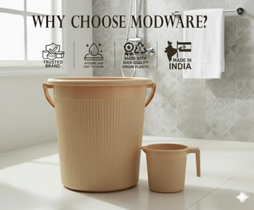 Image of MODWARE Plastic Bucket Set with Mug, 20L Bucket with 1L Mug, Polypropylene, Round Shape, (Cream, 20 L)