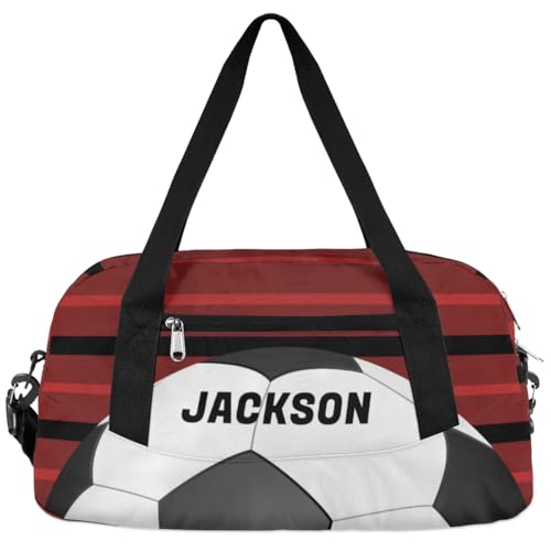 Football Ball Custom Name Kids Overnight Duffel Bags Boys Red Stripe Personalized Sport Gym Bag Customized Duffel Bag for Travel Weekender Practice Gymnastics