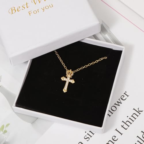 Crown Cross Pendant Necklace Chunky Cross Necklace for Women Statement Necklace 14K Gold Plated Dainty Cross Necklace