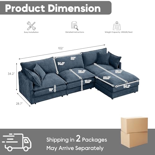 Image of 102 inch L Shaped Modular Sectional Sofa, Comfy Upholstery Chenille Cloud Couch with Ottoman, Modern 4-Seat Deep Seat Sofa with Pillow for Living Room, Bedroom, Apartment, Navy Blue