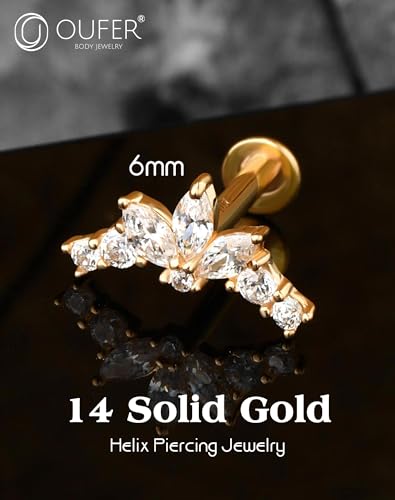 OUFER Helix Piercing Jewelry, 14K Solid Gold Cartilage Earrings, Clear CZ Lip Rings, Flat Back Helix Earrings, Internally Threaded Tragus Conch Lobe Piercing Jewelry, Labret Jewelry3